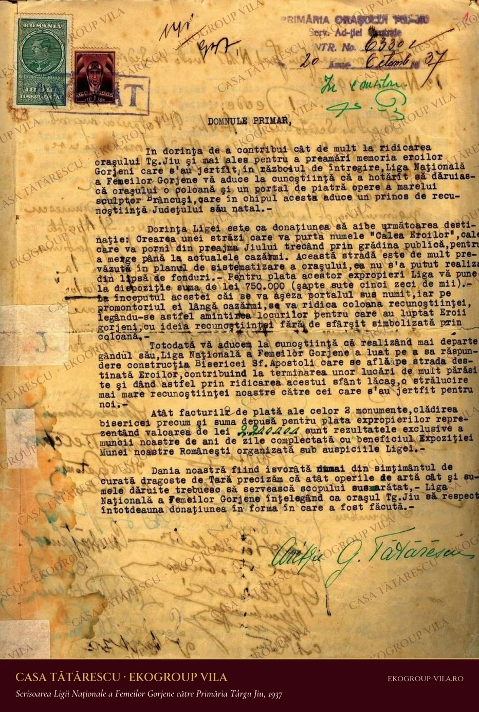 Scrisoarea dactilografiată a Ligii Naționale a Femeilor Gorjene către primarul orașului Târgu Jiu, cu două timbre fiscale, ștampila de înregistrare nr. 6330 din 20 octombrie 1937 și semnătura verde a Arethiei G. Tătărescu